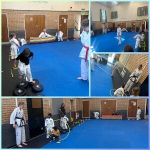 Little Dragons Taekwon-Do class in Hitchin tackling obstacle course with junior leaders