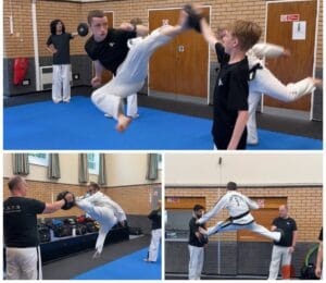 HSTS student performing a flying kick during Taekwon-Do Black Belt training in Hitchin