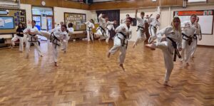 HSTS black belt students practising kicks during a dedicated Taekwon-Do class in Stevenage.