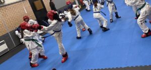 HSTS Hitchin Cadets practising Taekwon-Do sparring in pairs on blue mats, wearing red and blue protective equipment.